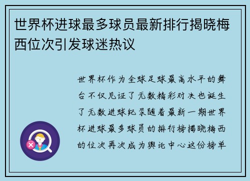 世界杯进球最多球员最新排行揭晓梅西位次引发球迷热议
